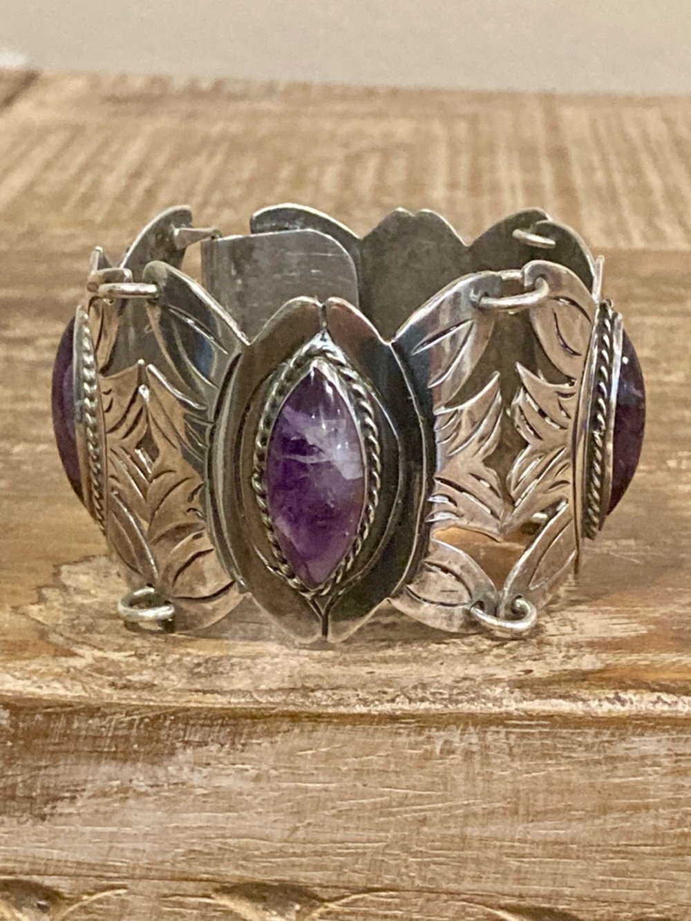 Vintage Mexican Silver & Purple Panel Bracelet • 83g • Handcrafted Boho Style - Picture 6 of 16
